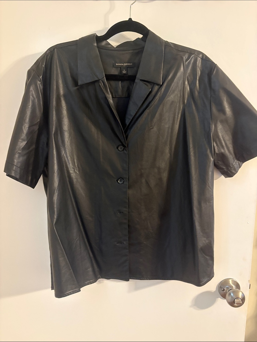 Banana Republic Women’s Black Short-Sleeve Button-Up Leather Shirt